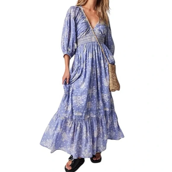 Free People Golden Hour Maxi Flowy Floral Sun Dress in Lavender Combo | Large - Picture 1 of 10